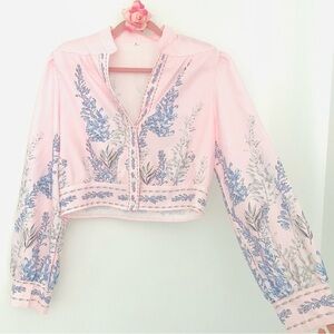 💕Pretty Floral Pink/Blue Button-Down Crop Top SZ L